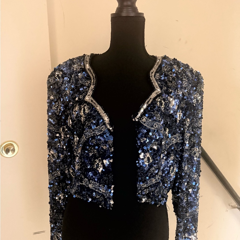 Women's Navy & Black Sequin Cropped Blazer